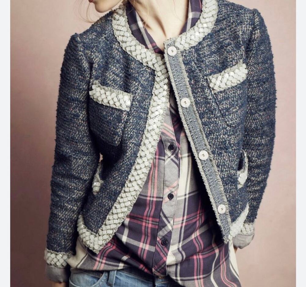 Anthropologie Isani Embellished Tweed Lady Jacket Women's Small Navy